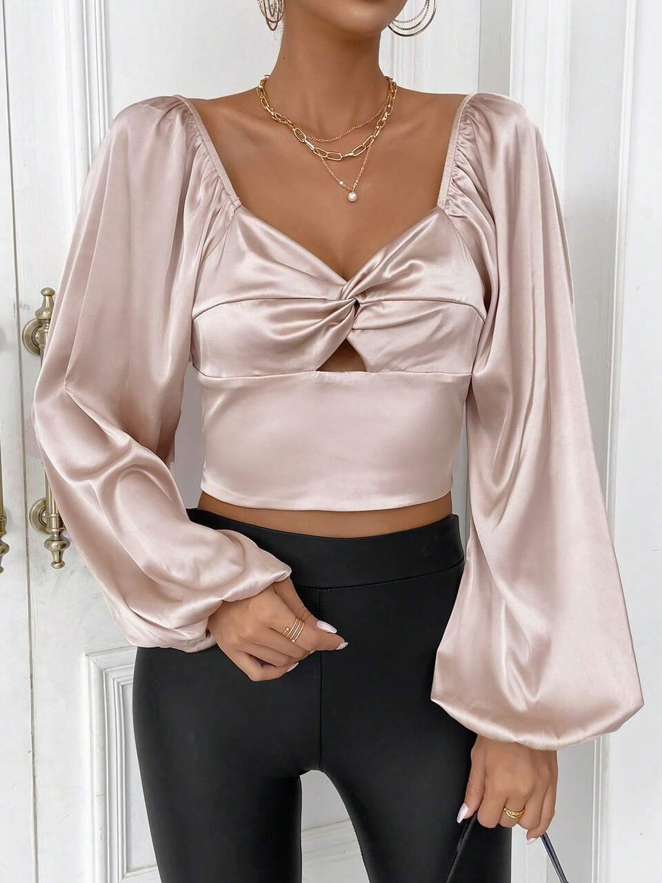 Twist Front Lantern Sleeve Crop Satin Blouse