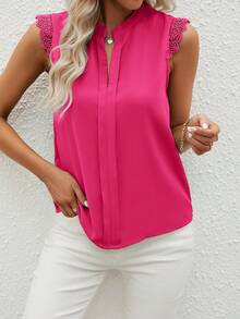 SHEIN Clasi Guipure Lace Panel Notched Neckline Blouse - Red Violet - View 6