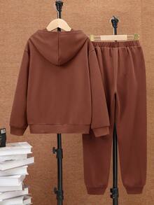 SHEIN 男大童字母和卡通圖案連帽衫和運動褲 - 棕色 - 查看 2