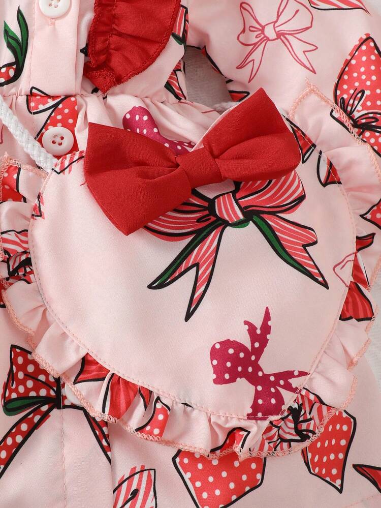 Baby Girl Bow Print Ruffle Trim Dress With Bag