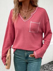 SHEIN LUNE Notched Neckline Drop Shoulder Pocket Patched Waffle Knit Tee - Dusty Pink - View 6
