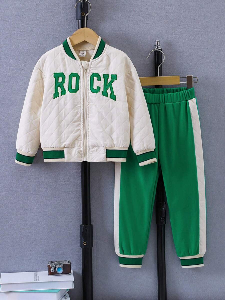 男小童刺繡字母圖案條紋飾邊飛行員夾克和拼接側邊接縫衛褲 - 彩色 - 查看 1