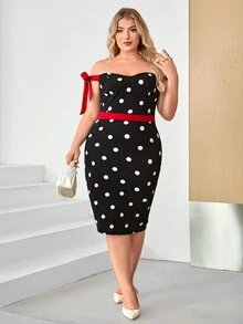 SHEIN Privé Plus Polka Dot Print Off Shoulder Dress - Black and White - View 3