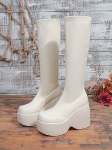 女式高跟厚底靴，襪套設計，純色 - 米色 - 查看 6