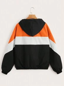 SHEIN Muchic Colorblock Zip Up Drawstring Hooded Windbreaker Jacket - Orange - View 2