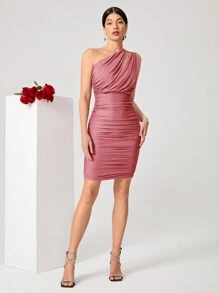SHEIN Belle Vestido ajustado de un hombro con abertura fruncido - Rosa - Ver 5