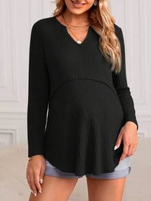 SHEIN 孕婦華夫格針織缺口領口弧形下擺T恤 - 黑色 - 查看 4