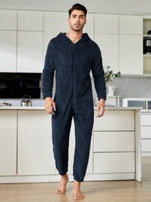 男士拉鏈開襟連帽絨毛連體睡衣
