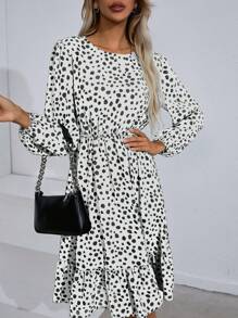 SHEIN Clasi Vestido con estampado de lunares bajo con fruncido - Blanco y Negro - Ver 3