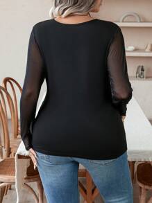 Celure 大碼撞色網眼袖半拉鍊T恤 - 黑色 - 查看 2