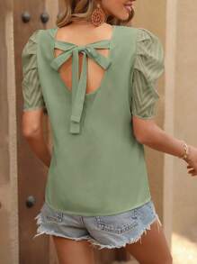 SHEIN Clasi Blusa con mangas abullonadas y lazada, blusas de manga corta - verde menta - Ver 2