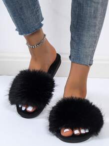 Women's Casual Minimalist Fluffy Slippers, Slip-On Design With Non-Slip Soft Sole, Comfortable And Warm For Bedroom, New Autumn/Winter Style,Furry Shoes - Black - View 2