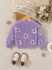 SHEIN Baby Girl Floral Pattern Fluffy Knit Sweater - Purple - View 2