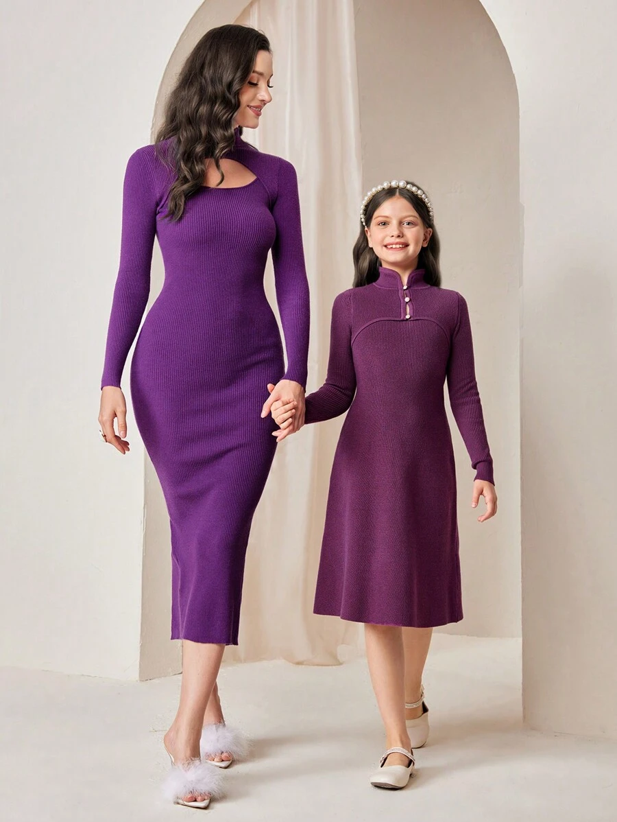 SHEIN Tween Girl 1pc Button Front Sweater Dress - Purple - View 1