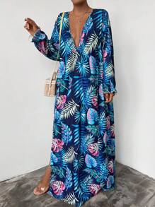 RueChic Plus Tropical Print Plunging Neck Split Thigh Dress - Blue - View 5