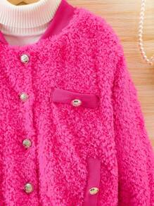 SHEIN Young Girl 1pc Button Detail Teddy Bomber Jacket - Hot Pink - View 5