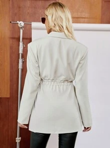 SHEIN LUNE Lapel Collar Drawstring Waist Flap Detail Single Breasted Blazer - Grey - View 2
