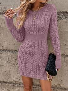 SHEIN LUNE Cable Knit Raglan Sleeve Sweater Dress Fall Winter Cloth For Women - Dusty Purple - View 4