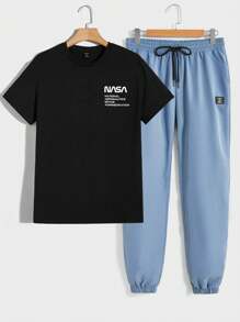 GENTILAND 男士標語圖案T恤&腰部抽繩長褲 - 彩色 - 查看 1