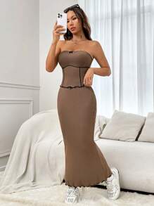 SHEIN Qutie Mũi chỉ tương phản Ống ngọn & Ren Mộc nhĩ Váy - Cà phê nâu - Xem 1