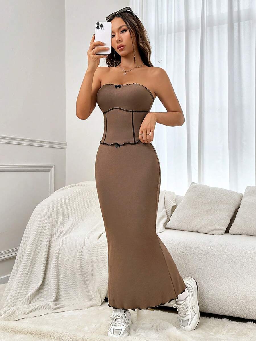 SHEIN Qutie Mũi chỉ tương phản Ống ngọn & Ren Mộc nhĩ Váy - Cà phê nâu - Xem 1