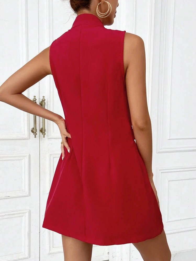 SHEIN Essnce Solid Flap Detail Sleeveless Blazer - Red - View 2