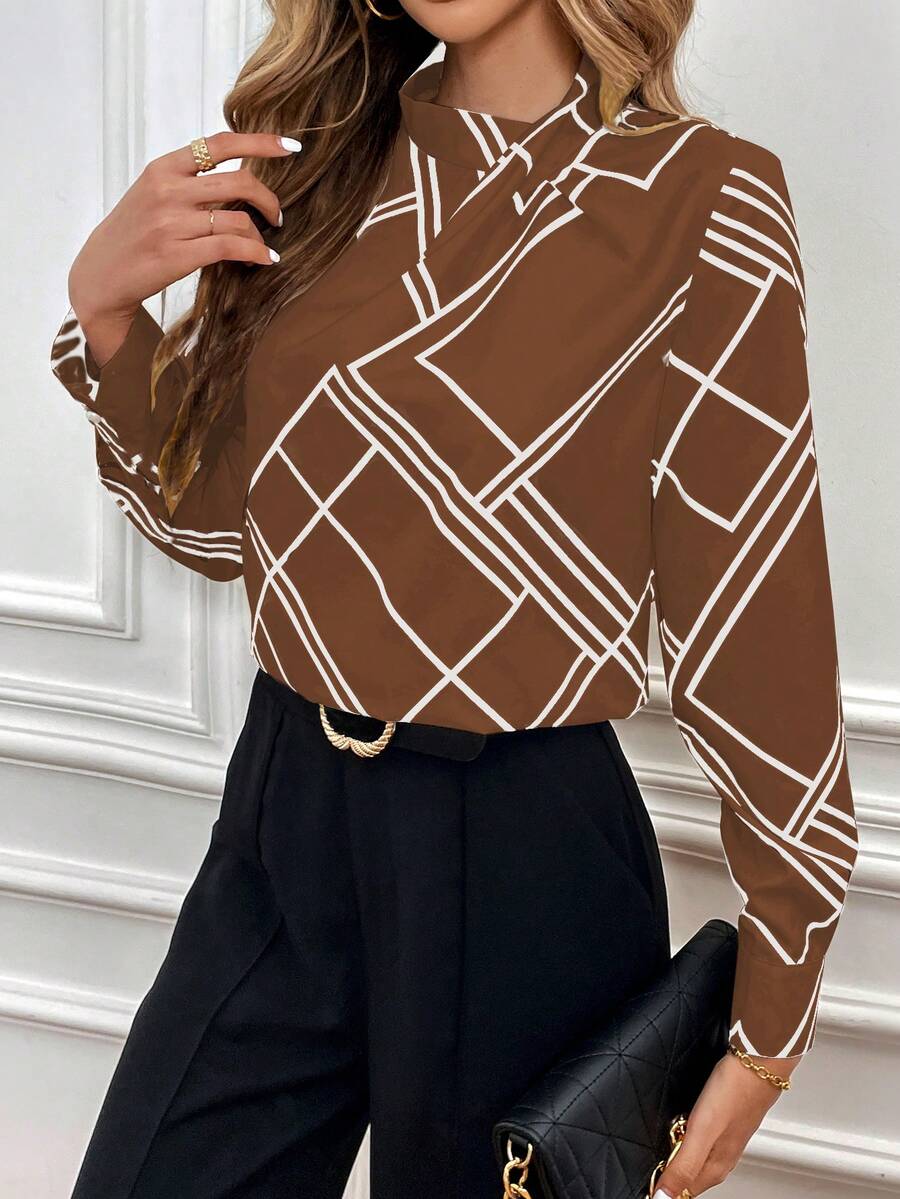 SHEIN Clasi In Địa lý Cổ giả Áo sơ mi - màu nâu - Xem 1