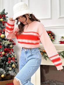SHEIN Unity Áo len crop trễ vai họa tiết sọc - Nhiều màu - Xem 5