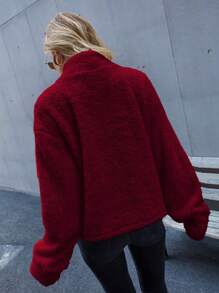EMERY ROSE High Neck Drop Shoulder Teddy Sweatshirt - Burgundy - View 2