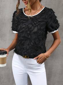 SHEIN Clasi 撞色滾邊毛茸茸襯衫 - 黑色 - 查看 1