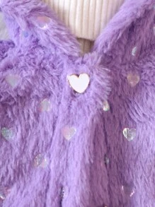 Baby Girl Solid Button Front Hooded Fluffy Coat Without Sweater - Mauve Purple - View 4