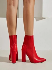 Ladies' Fashionable Red Knitting Elasticity Splicing Chunky Heel High-heel Booties - Red - View 5