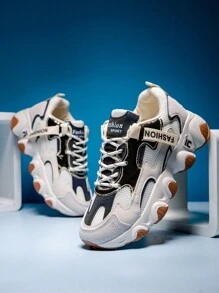 Giày thể thao chunky buộc dây phía trước họa tiết chữ cái, Giày thể thao thông thường cho nữ màu be - Màu be - Xem 4