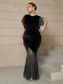 Plus Contrast Mesh Butterfly Sleeve Mermaid Hem Velvet Dress