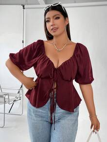 Flirla Plus Tie Front Ruched Bust Puff Sleeve Knot Front Peplum Blouse - Burgundy - View 4