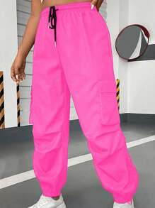 Flirla Plus Flap Pocket Side Drawstring Waist Cargo Pants Fall Cloth For Women - Hot Pink - View 1