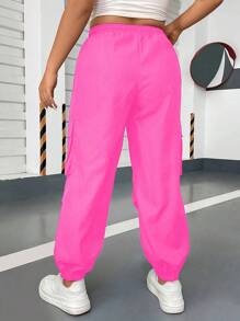Flirla Plus Flap Pocket Side Drawstring Waist Cargo Pants Fall Cloth For Women - Hot Pink - View 2