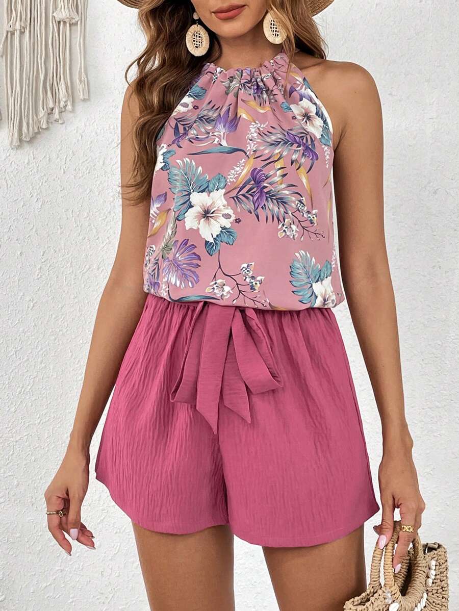 SHEIN VCAY Quần short có dây buộc và áo in họa tiết nhiệt đới - Nhiều màu - Xem 1