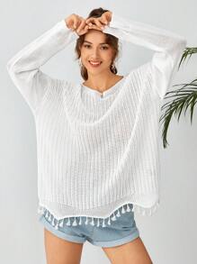 Soleia Drop Shoulder Tassel Hem Sweater - White - View 6