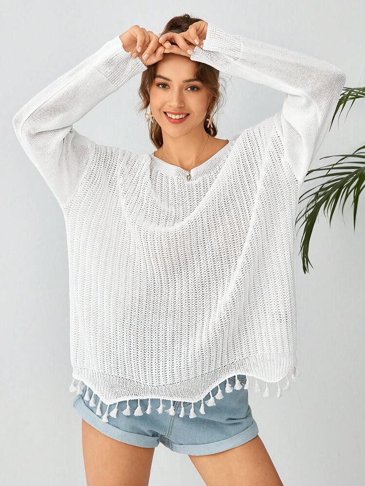 Drop Shoulder Tassel Hem Sweater