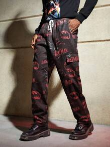 ROMWE MEN Batman X ROMWE Hombres Pantalones cargo con estampado de letra y dibujos animados de cintura con cordón - Multicolor - Ver 1