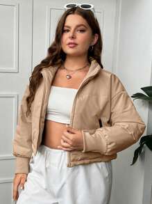 SHEIN EZwear 加大拉链落肩衬垫大衣 - 咖啡棕 - 查看 5