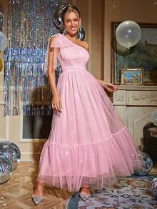 Glamaker One Shoulder Ruffle Hem Mesh Overlay Formal Dress - Pink - View 6