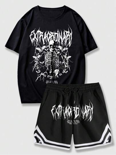 Grunge Punk Herren Skelett Buchstaben Grafik T-Shirt & Shorts, Schule, Halloween