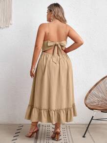 SHEIN VCAY Plus Guipure Lace Insert Ruffle Hem Cami Dress - Khaki - View 2