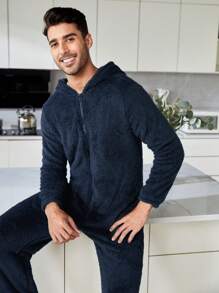 男士拉鏈開襟連帽絨毛連體睡衣