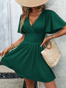 EMERY ROSE Casual Solid Color Waist Cinched Dress - Dark Green - View 5