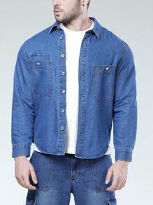 Manfinity Homme 男士大码口袋貼布牛仔襯衫不帶T恤 - 藍色 - 查看 6