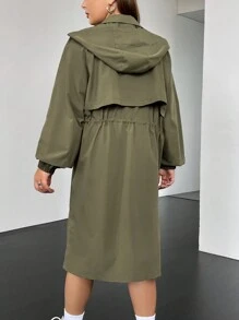 SHEIN EZwear 大碼腰部抽繩前紐扣連帽外套 - 軍綠色 - 查看 2