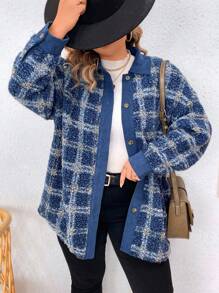 SHEIN LUNE Plus Plaid Pattern Drop Shoulder Teddy Coat - Multicolor - View 3